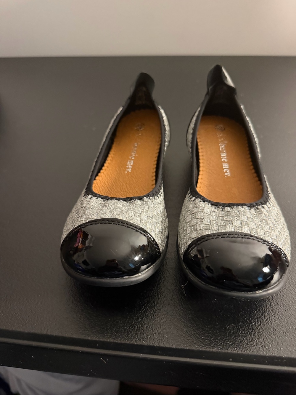 bernie mev. Gray Woven Ballet Flats with Black Patent Cap Toe